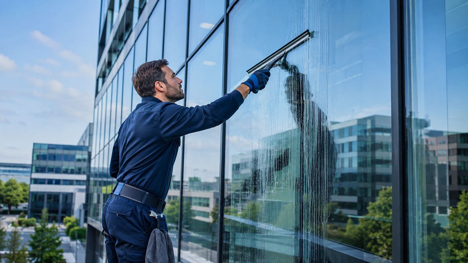 Gebäudereiniger reinigt die Glasfassade eines modernen Bürogebäudes – KI-generiertes Symbolbild